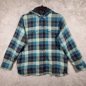 LL Bean Mens Large Fleece Lined Hooded Flannel Shirt Jacket Blue Green Plaid